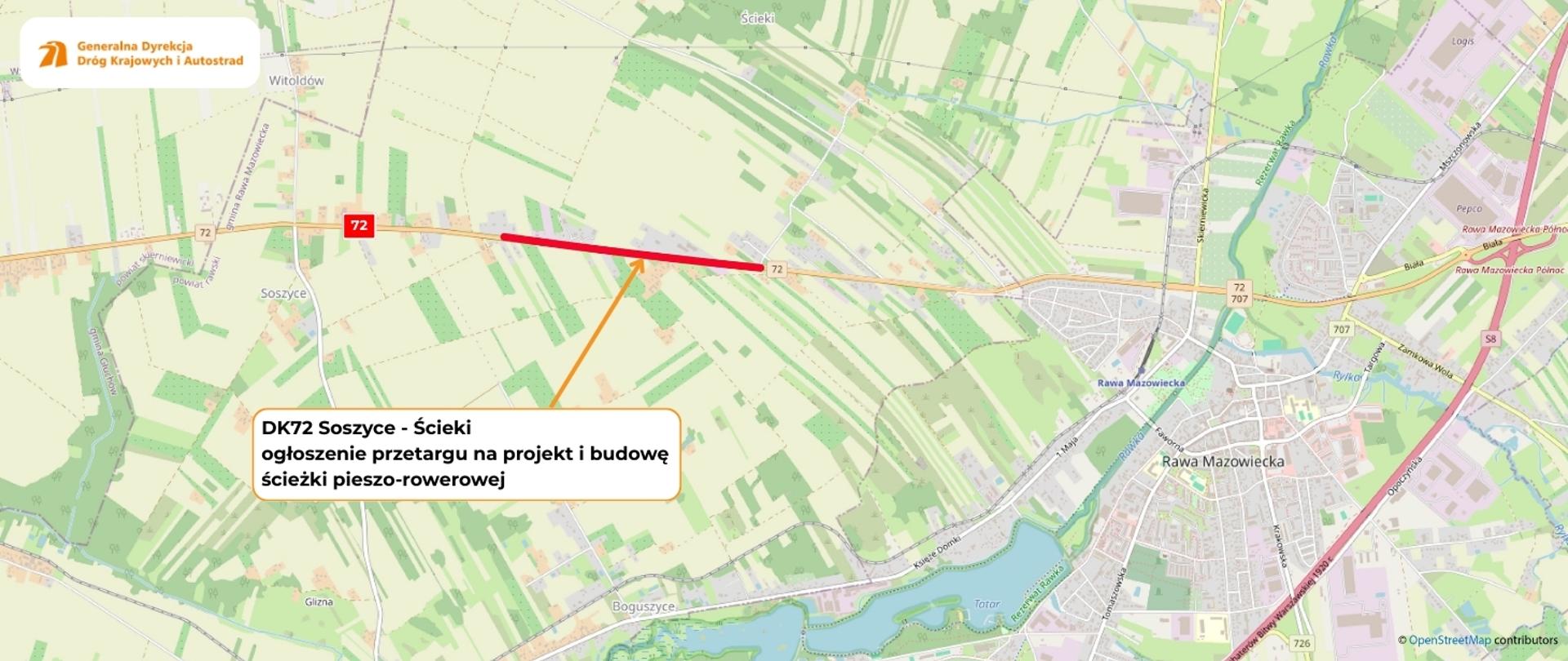 Mapka -Soszyce - Ścieki DK72