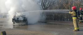 Pożar samochodu w miejscowości Bejsce, strażacy prowadzący działania gaśnicze.