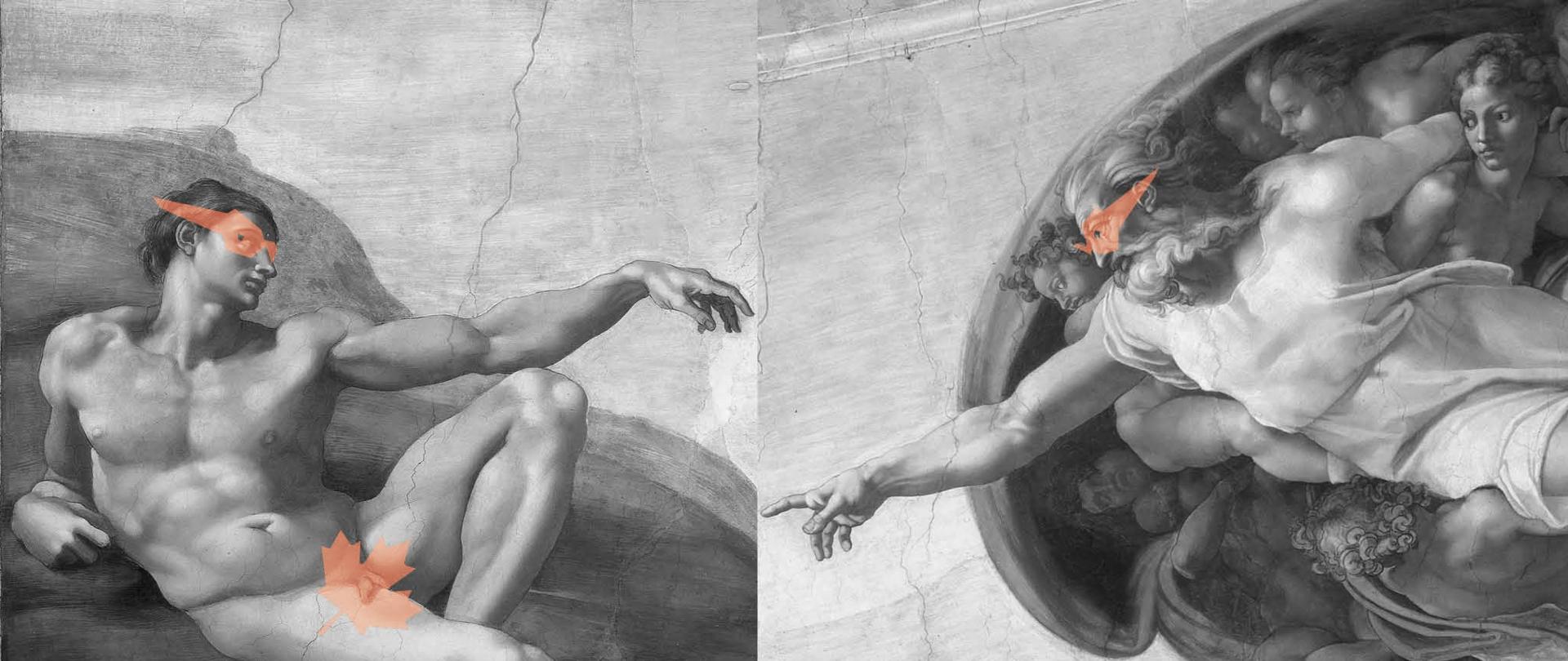 Fragment fresku autorstwa Michała Anioła ze sklepienia Kaplicy Sykstyńskiej w Watykanie (Stworzenie Adama), przedstawione w czarno-białej fotografii. Na przyrodzeniu Adama jest przezroczysty, pomarańczowy liść klonu. Na oczach Adama i Boga tak samo jak liść klonu pomarańczowe i przezroczyste okulary