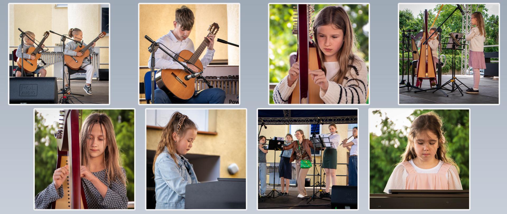 Collage 8 zdjęć, na każdym uczniowie grają na instrumentach muzycznych.