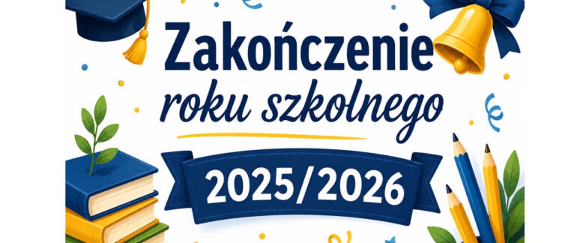 Grafika informacyjna z napisem „Zakończenie roku szkolnego 2025/2026”. Na ilustracji znajdują się szkolne motywy: książki, ołówki, dzwonek szkolny oraz biret absolwenta w kolorach granatowym i złotym na jasnym tle.