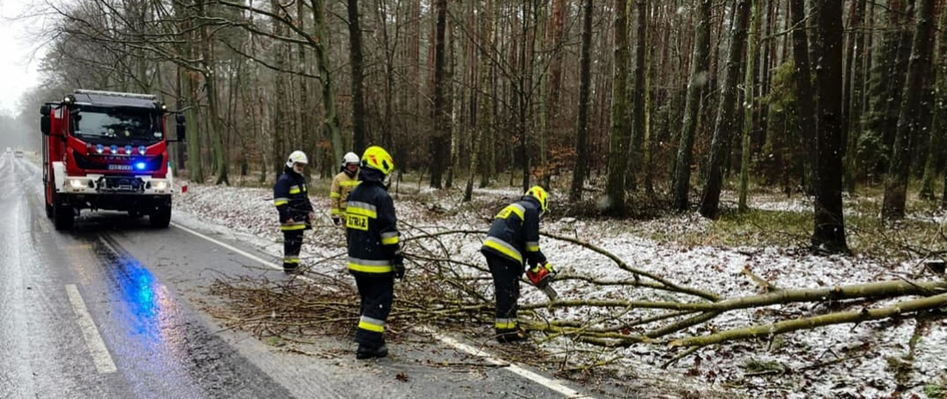 4 strażaków usuwających powalone drzewo na drodze
