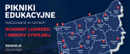 Grafika promocyjna Państwowej Straży Pożarnej oraz Ministerstwa Spraw Wewnętrznych i Administracji, zatytułowana „PIKNIKI EDUKACYJNE” w ramach Akademii Ochrony Ludności i Obrony Cywilnej.
Głównym elementem obrazu jest mapa województwa zachodniopomorskiego z naniesionymi punktami (czerwone pinezki), które oznaczają lokalizacje oraz daty zaplanowanych wydarzeń edukacyjnych. Obok mapy znajdują się hasła przewodnie: „EDUKACJA dla każdego”, „BEZPIECZEŃSTWO naszym celem” oraz „BĄDŹ GOTOWY na każdą sytuację!”. Całość utrzymana jest w granatowej tonacji z akcentami w kolorze białym, czerwonym i żółtym, a w dolnej części widoczne są logotypy instytucji organizujących pikniki.