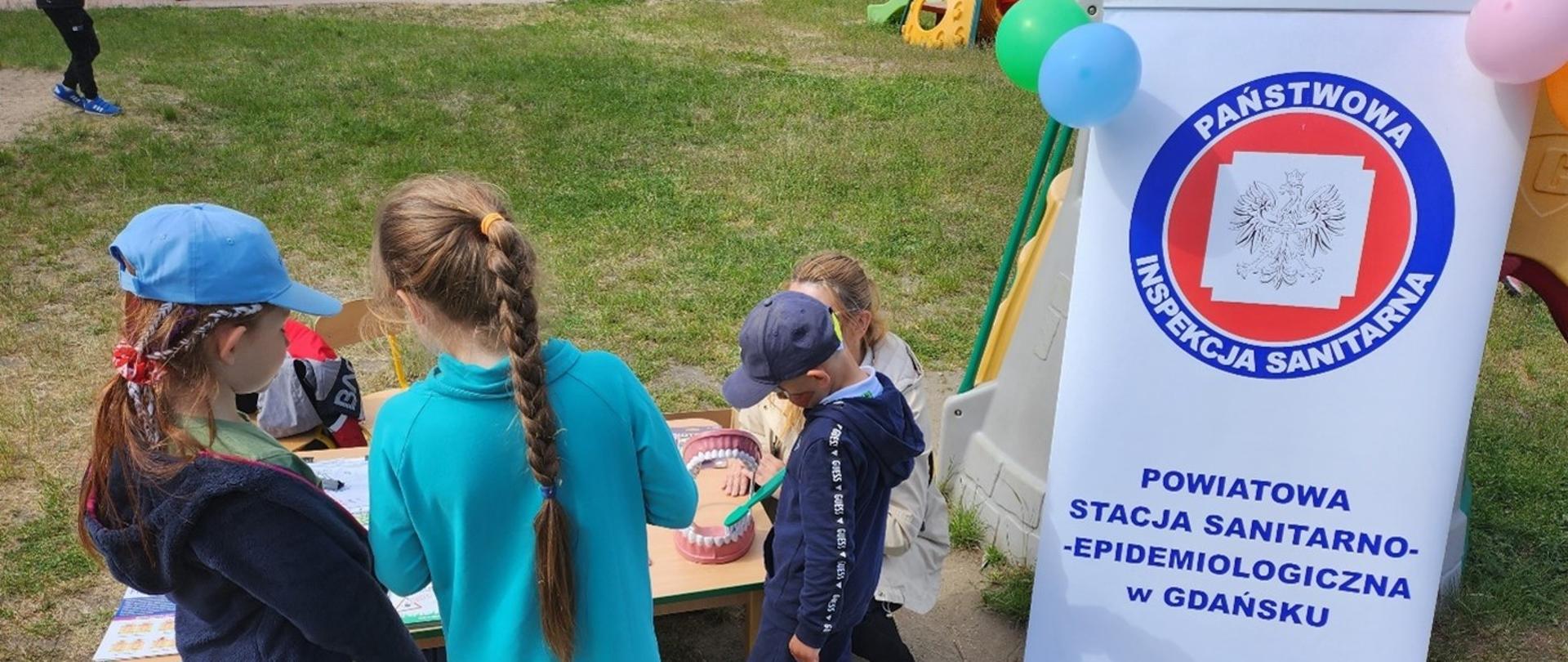 Wykonywany jest instruktaż mycia zębów za pomocą fantomu szczęk. W tle widoczne jest logo Powiatowej Stacji Sanitarno-Epidemiologicznej w Gdańsku.