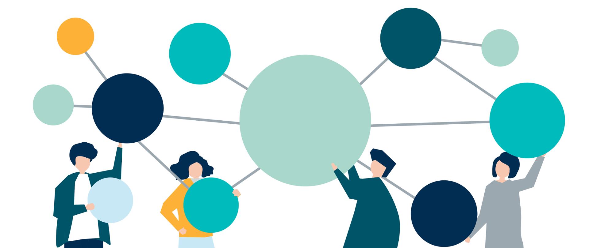 Ludzie trzymający połączone kółka tworzące połączoną pajęczynę