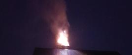 Zdjęcie przedstawia wydobywające się płomienie ognia z komina budynku mieszkalnego jednorodzinnego, w którym zapaliła się sadza podczas pory nocnej. Na zdjęciu widoczna drabina mechaniczna.