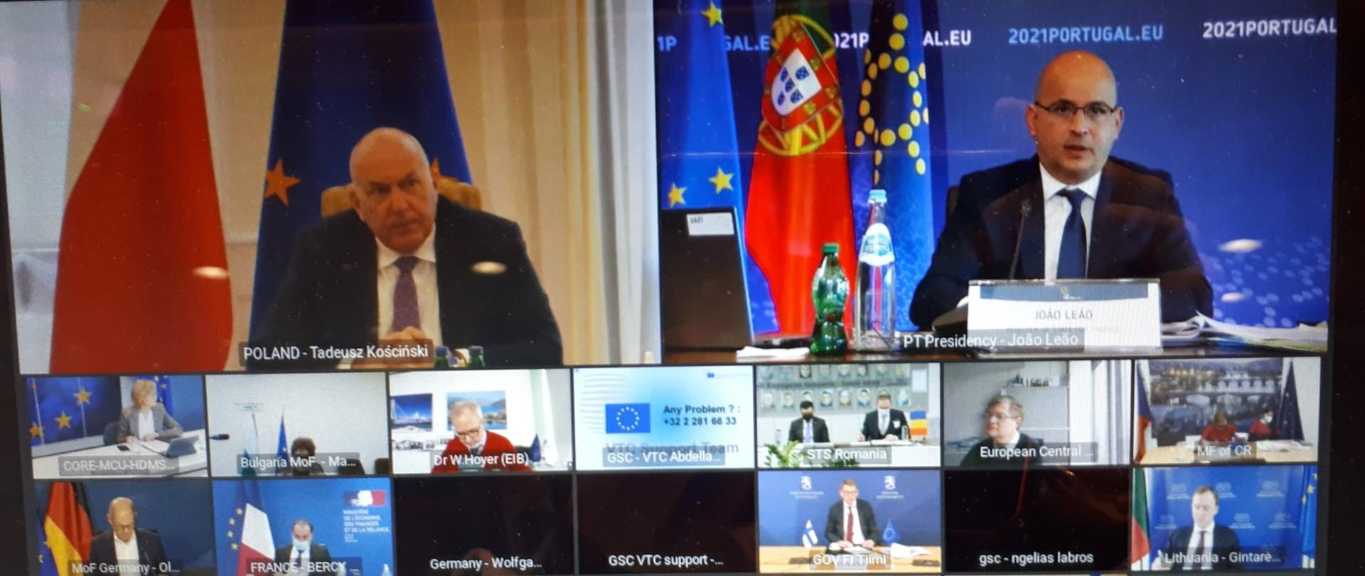 Minister Tadeusz Kościński oraz inni uczestnicy spotkania online ECOFIN 