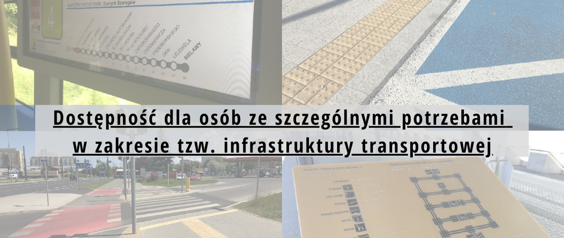 Dostępność dla osób ze szczególnymi potrzebami w zakresie tzw. infrastruktury transportowej, w tle zdjęcie rozkładu jazdy tramwaju, niskiego krawężnika, przejścia dla pieszych oraz planu dworca z legendą dla osób niewidomych 