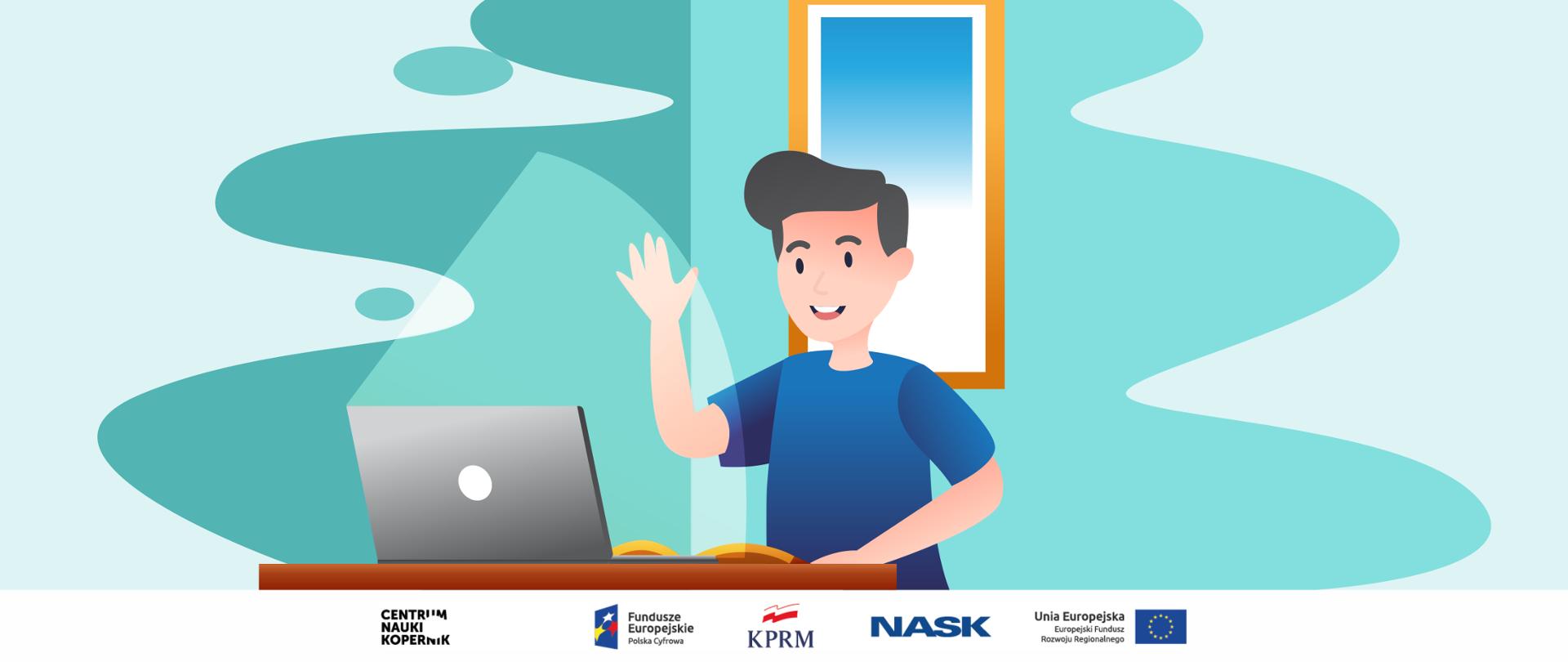 Grafika wektorowa - młody chłopak stoi przy biurku, na którym stoi laptop. Chłopak macha w stronę ekranu komputera, bierze udział w spotkaniu online.