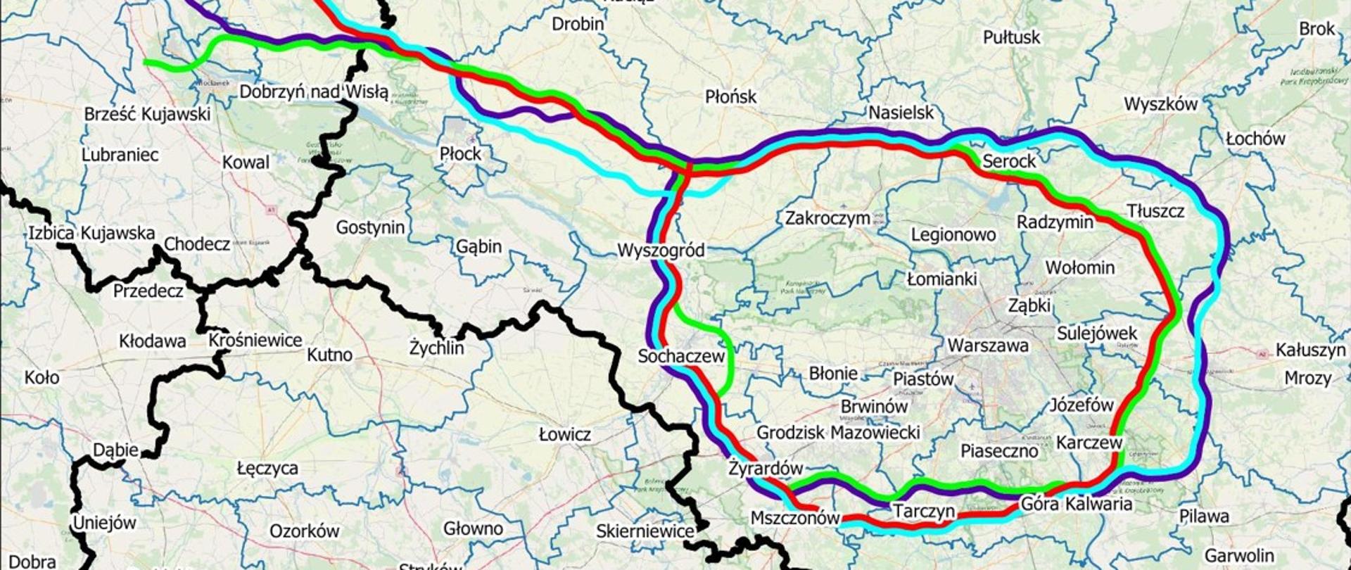 Mapa z możliwymi korytarzami dla planowanej S10 Toruń - Warszawa oraz Obwodnicy Aglomeracji Warszawskiej