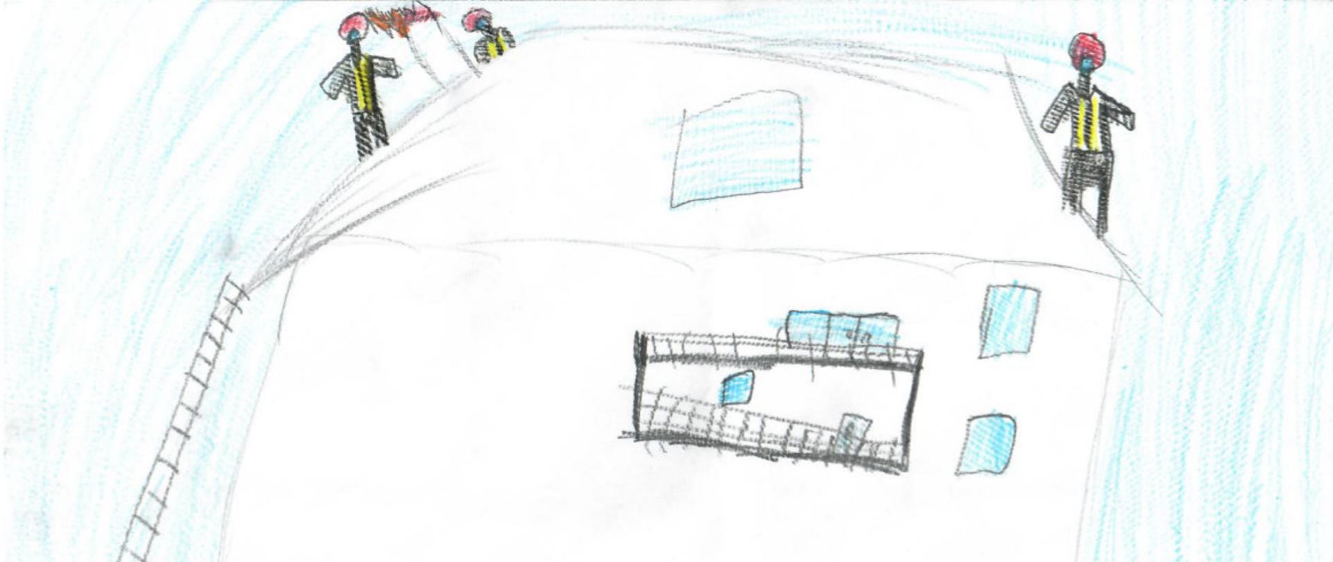 Na zdjęciu rysunek przedstawiający akcję gaśniczą okiem dziecka