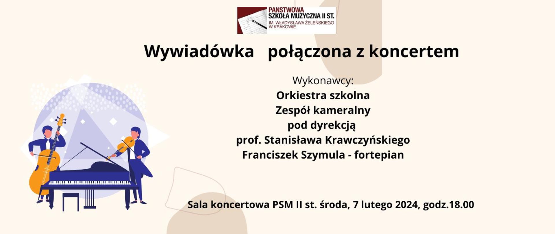 Wywiadówka połączona koncertem 07.02.2024 godz.18.00 plakat beżowy z logo szkoły i grafiką grających osób