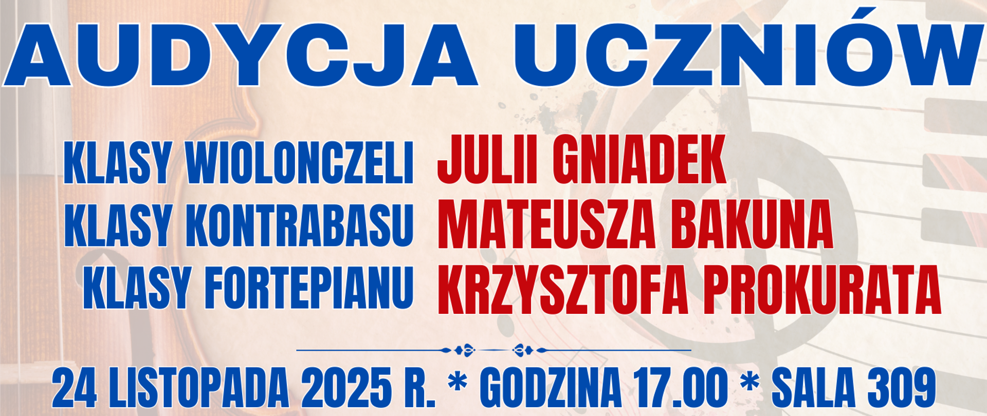 baner w tle półprzezroczysty kontrabas i klawiatura fortepianu oraz informacja o wydarzeniu