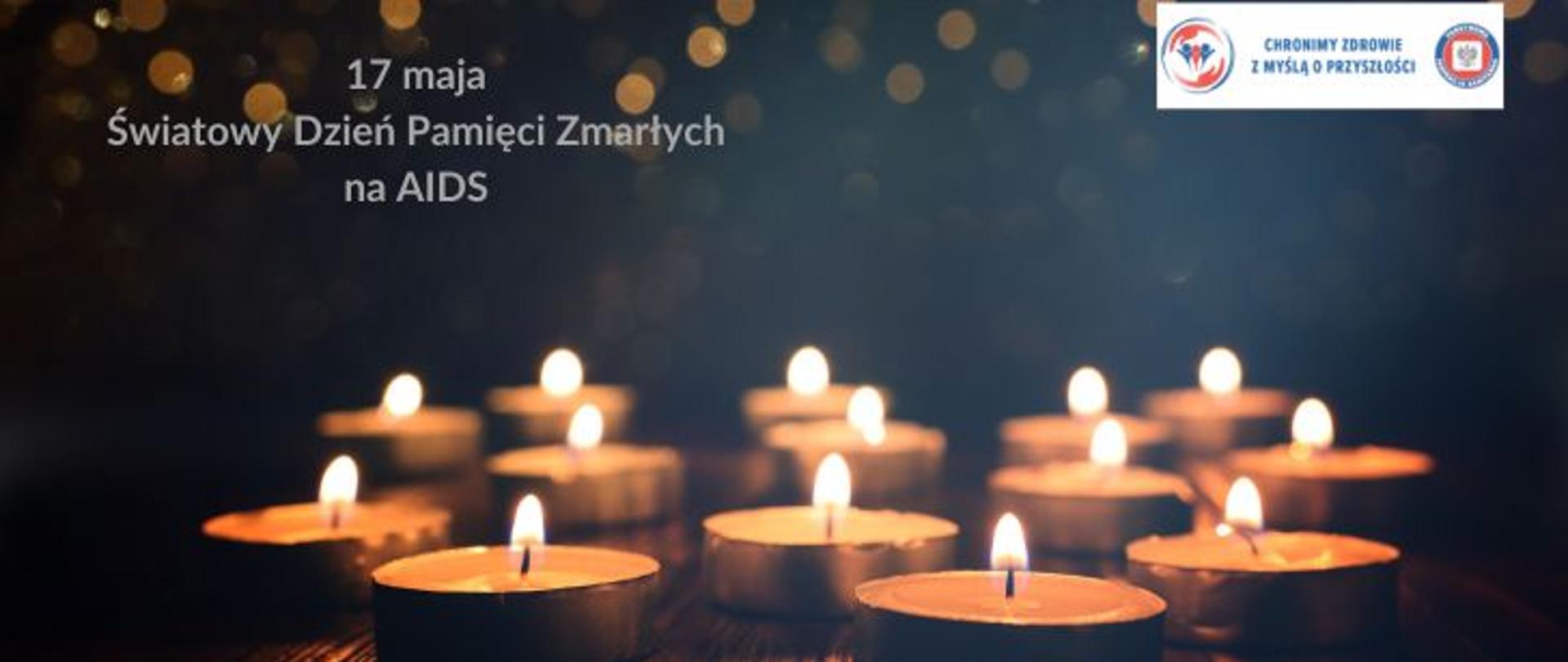 Na ciemnym tle na blacie ustawione 14 zapalonych świec typu podgrzewacz. W lewym górnym rogu jasny napis 17 maja Światowy Dzień Pamięci Zmarłych na AIDS. W prawym górnym rogu logo Państwowej Inspekcji Sanitarnej w raz z hasłem: chronimy zdrowie z myślą o przyszłości. 