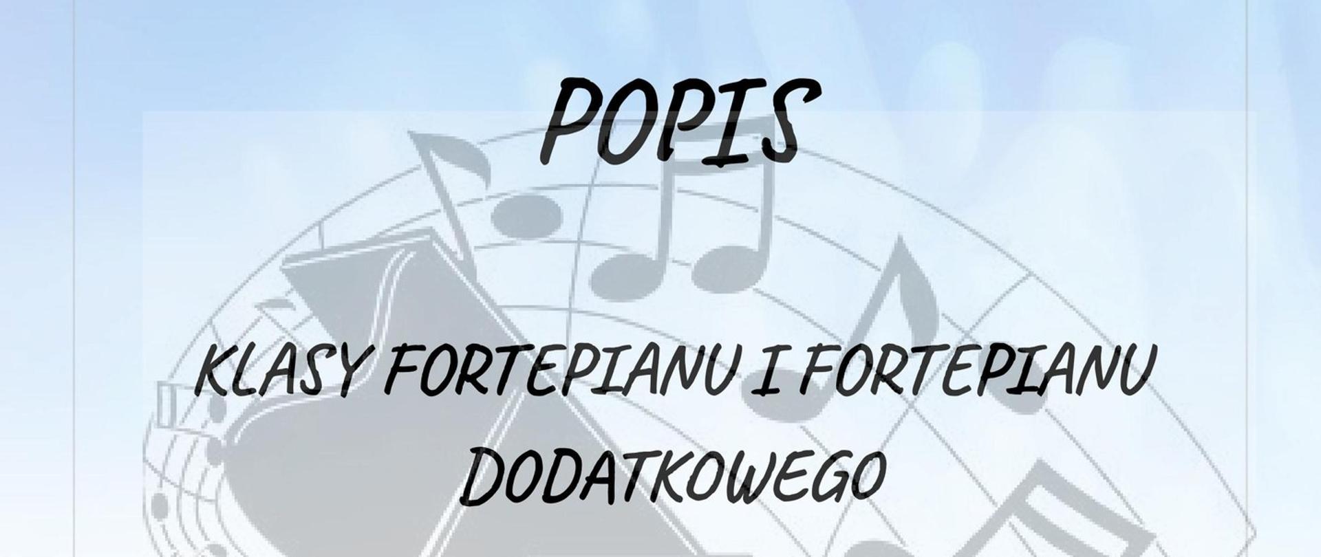 Tło bladoniebieskie z jasnoszarym rysunkiem fortepianu i nut. Informacja o popisie klasy fortepianu i fortepianu dodatkowego pani Anny Muszkiety. Termin i miejsce koncertu.