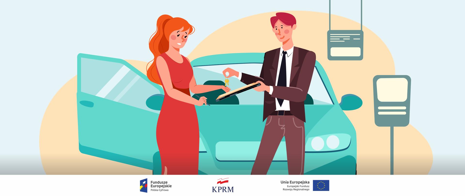Kolorowa grafika wektorowa - scena w salonie sprzedaży aut. Na pierwszym, z lewej strony, planie kobieta (klientka). Z prawej strony - mężczyzna, sprzedawca aut. Mężczyzna wręcza kobiecie kluczyki do nowego auta, które za nimi stoi.