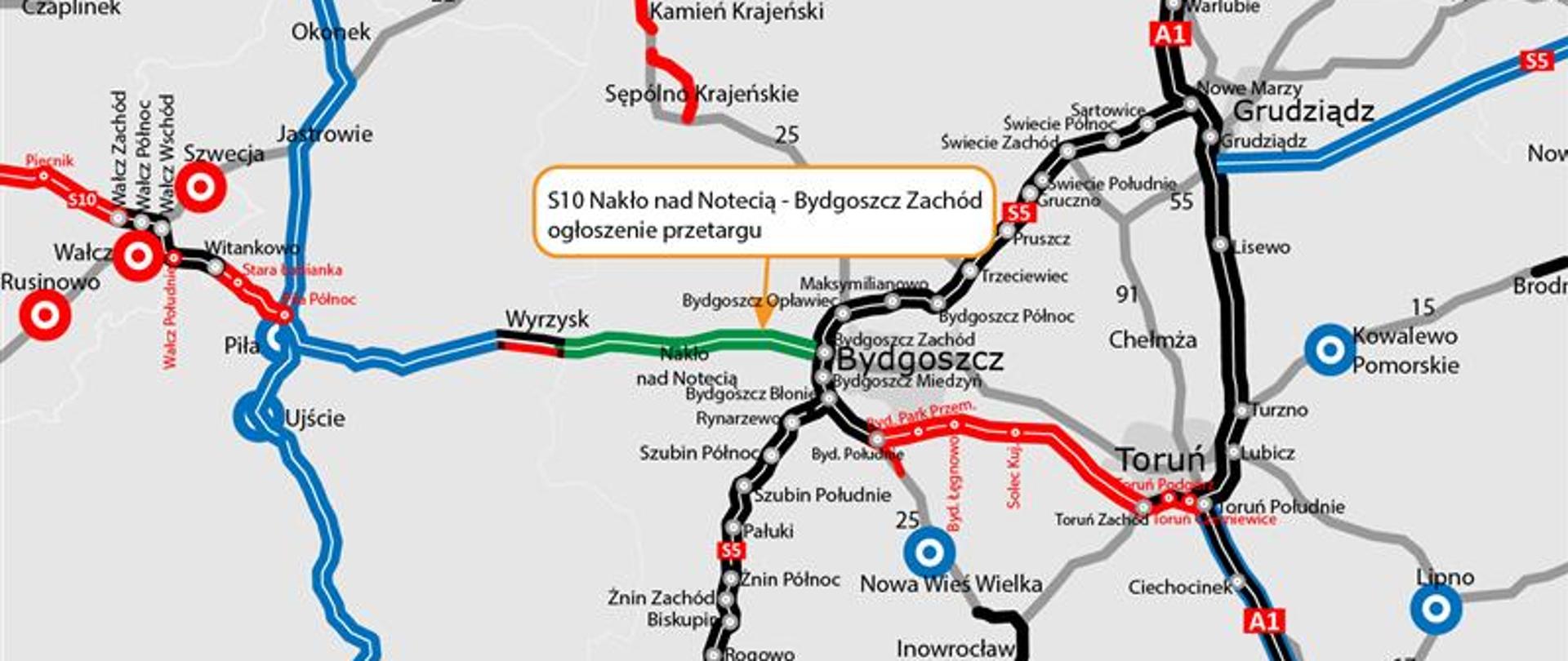 S10 Nakło nad Notecią - Bydgoszcz Zachód. Plan ukazujący orientacyjny przebieg drogi na tle układu drogowego województwa.