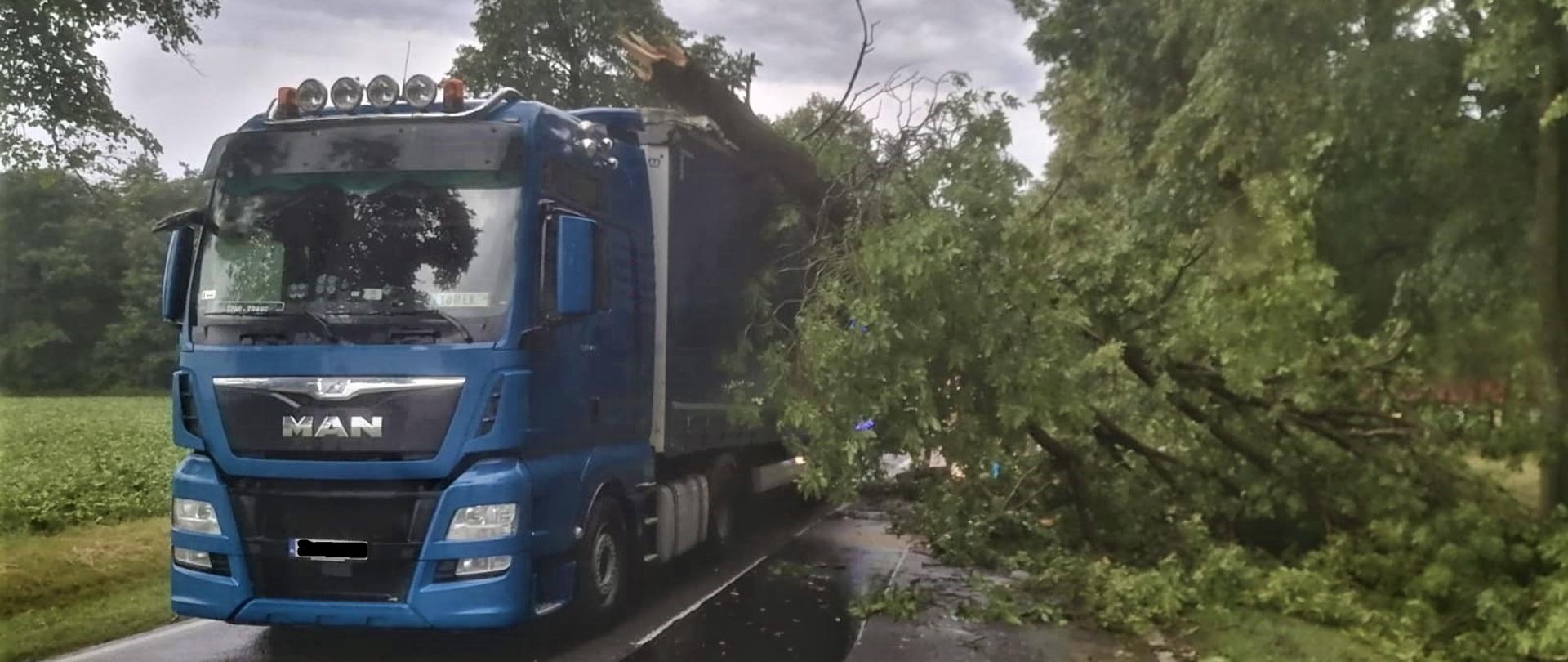 Samochód ciężarowy z naczepą na DK72. Na naczepę spadło całe drzewo uszkadzając konstrukcję.