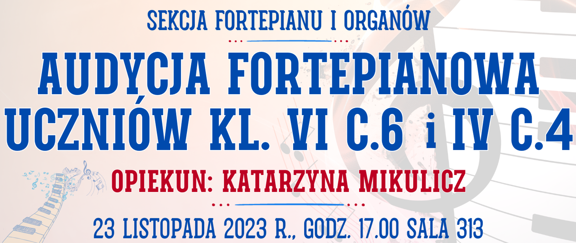 kolorowe tło z muzycznymi elementami typu clipart oraz informacja o wydarzeniu