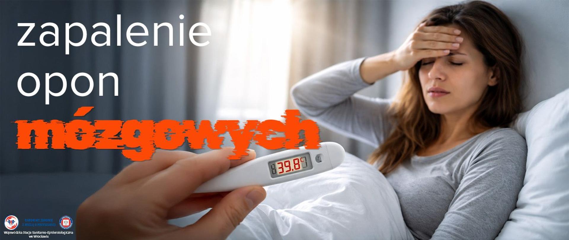 Osoba trzymająca się za głowę ,motyw światłowstrętu, termometr pokazujący wysoką gorączkę