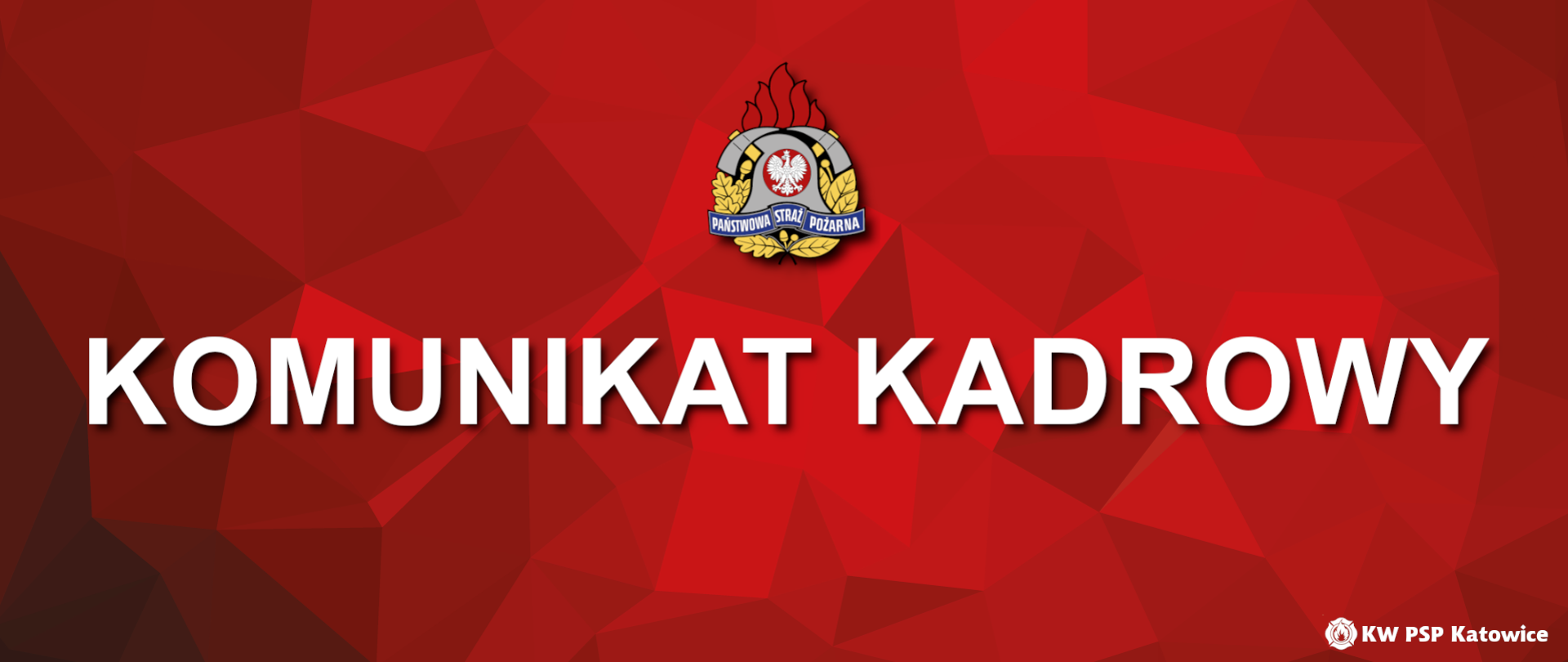 Grafika ma czerwone tło w geometryczny wzór z ciemniejszych i jaśniejszych odcieni czerwieni. Na środku, na górze, znajduje się herb Państwowej Straży Pożarnej – widoczny jest orzeł biały w czerwonym kole, otoczony wieńcem i płomieniami. Pod spodem herbu umieszczony jest niebieski napis „Państwowa Straż Pożarna”. Poniżej, na środku obrazu, dużymi białymi literami napisano: „KOMUNIKAT KADROWY”.
W prawym dolnym rogu znajduje się napis „KW PSP Katowice” – to skrót od Komendy Wojewódzkiej Państwowej Straży Pożarnej w Katowicach