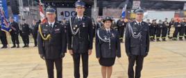 Na zdjęciu, zrobionym w plenerze, widać cztery osoby ubrane w odświętne, wyjściowe mundury strażackie. Stoją one na drewnianym podeście przed dużą sceną, na której w tle widać grupę innych strażaków druhów ze sztandarami. Pierwszy od lewej stoi śląski komendant wojewódzki państwowej straży pożarnej. Po prawej stoją druhowie w wyjściowych czarnych mundurach wśród nich jedna kobieta druhna. Wszyscy pozują do zdjęcia w postawie na baczność.
