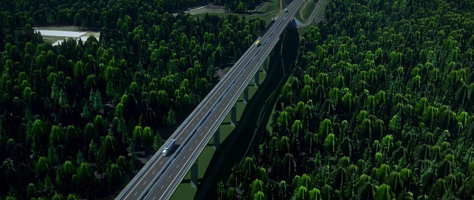 Wizualizacja drogi ekspresowej. Widać estakadę, która biegnie wśród drzew.