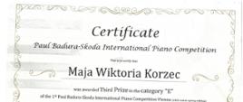 Certyfikat Trzeciej Nagrody w kategorii E dla Mai Wiktorii Korzec w Międzynarodowym Konkursie Pianistycznym im. Paula Badury-Skody w Wiedniu, 10 kwietnia 2023 roku.