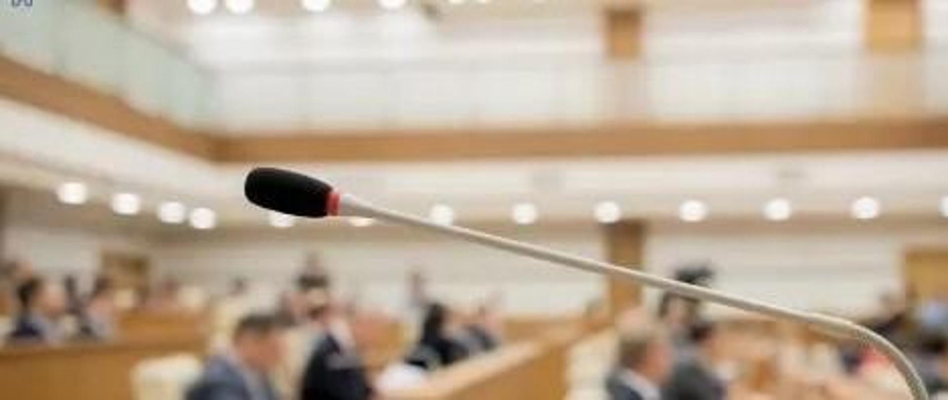 Sala, w niej kilkanaście osób, na pierwszym planie mikrofon