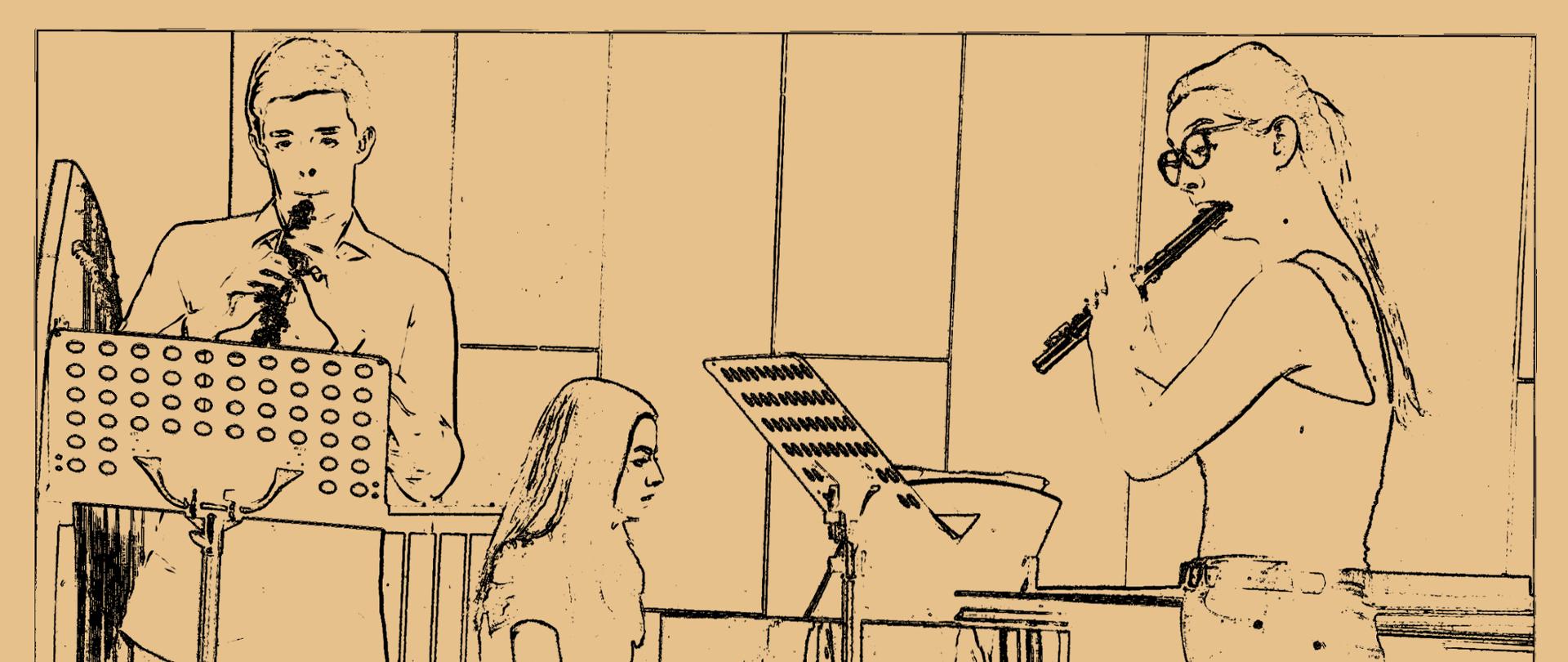 Grafika przedstawia plakat koncertowy z delikatnie żółtym tłem, u góry napis: Sekcja instrumentów dętych, akordeonu, perkusji i śpiewu solowego pod spodem bordowy duży tekst: koncert zespołów kameralnych, po środku szkic zespołu trio, obój, fortepian i flet.