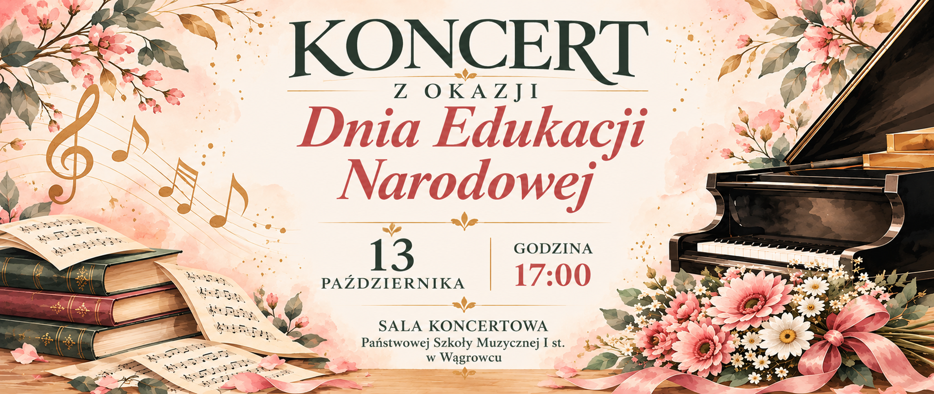 Na banerze w kolorze różowym znajdują się książki, nuty, fortepian, kwiaty, pięciolinia z nutami oraz informacje dotyczące koncertu z okazji Dnia Edukacji Narodowej 13 października 2026 o godz 17:00 w sali koncertowj PSM I st. w Wągrowcu 