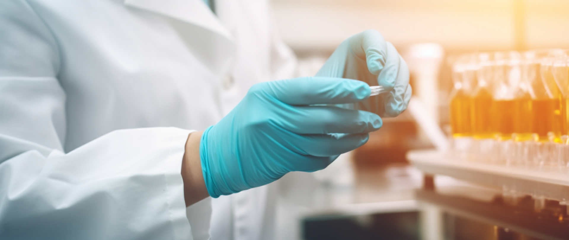 Na zdjęciu widać człowieka ubranego w strój medyczny, który w dłoniach trzyma jakiś preparat / próbkę. Na rękach ma medyczne rękawiczki, ubrany jest w kitel lekarski