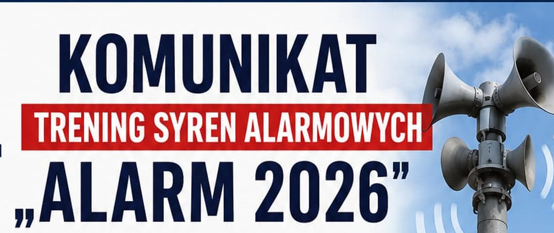 Infografika informująca o treningu syren alarmowych „ALARM 2026” na terenie powiatu bolesławieckiego. U góry znajduje się duży napis „Komunikat – Trening syren alarmowych ALARM 2026” oraz ilustracja syreny alarmowej. Grafika informuje, że ćwiczenia odbędą się we wtorek, 21 lipca 2026 r. w godzinach 7:00–19:00, a termin zapasowy wyznaczono na środę, 22 lipca 2026 r. w tych samych godzinach. Podczas testów zostaną nadane dwa sygnały: ogłoszenie alarmu – modulowany dźwięk syreny trwający 3 minuty oraz odwołanie alarmu – ciągły dźwięk syreny trwający 3 minuty. Infografika wyjaśnia, że celem ćwiczeń jest sprawdzenie działania syren, systemów łączności, czasu przekazywania informacji oraz procedur alarmowych. Na dole umieszczono wyróżniony komunikat: „Apelujemy o spokój!”, podkreślający, że sygnały mają wyłącznie charakter ćwiczebny i nie wymagają podejmowania żadnych działań przez mieszkańców. Całość utrzymana jest w kolorystyce granatowo-biało-czerwonej z żółtymi elementami ostrzegawczymi oraz ikonami kalendarza, głośnika, tarczy i rodziny.