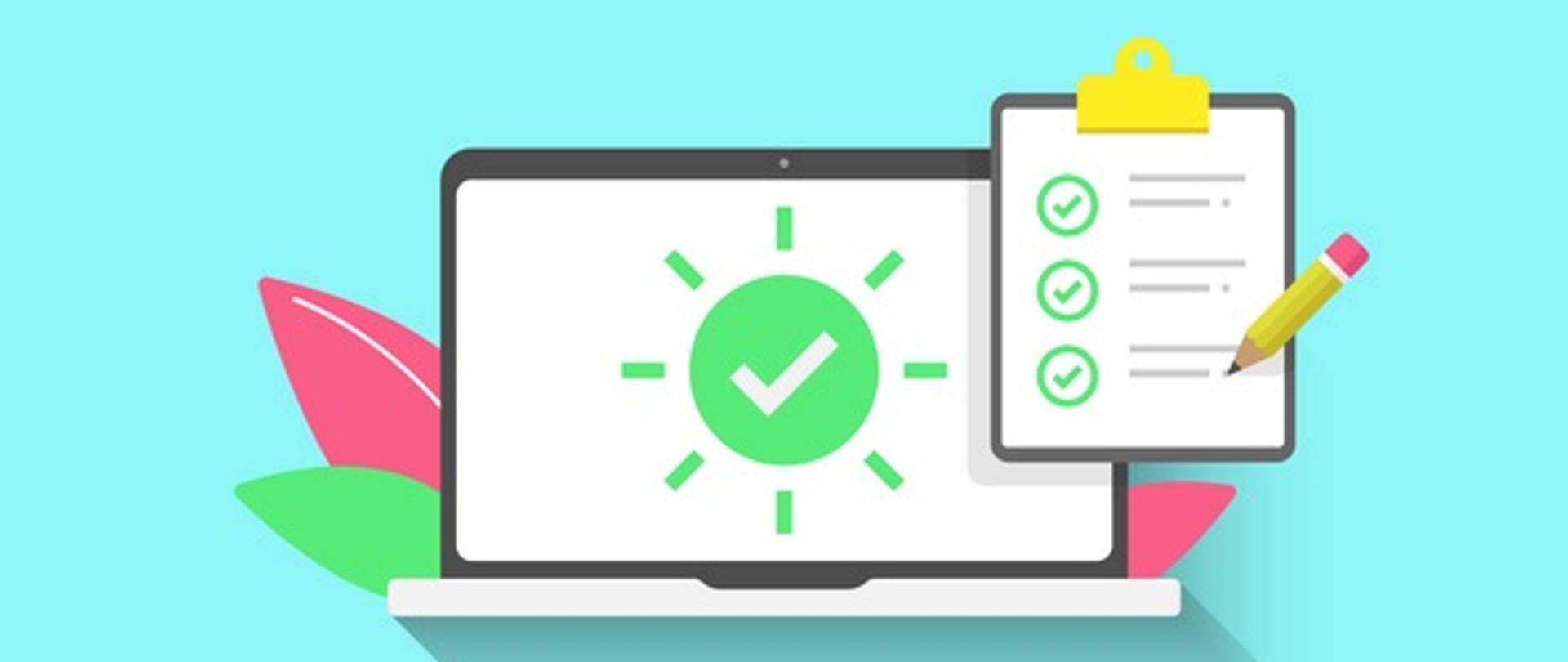 Na niebieskim tle umieszczony monitor laptopa. Tło monitora białe, a w nim znaczek zielonego koła. W koło wpisany biały znak V. Obok podkładka z białą kartką do pisania i żółty ołówek. 