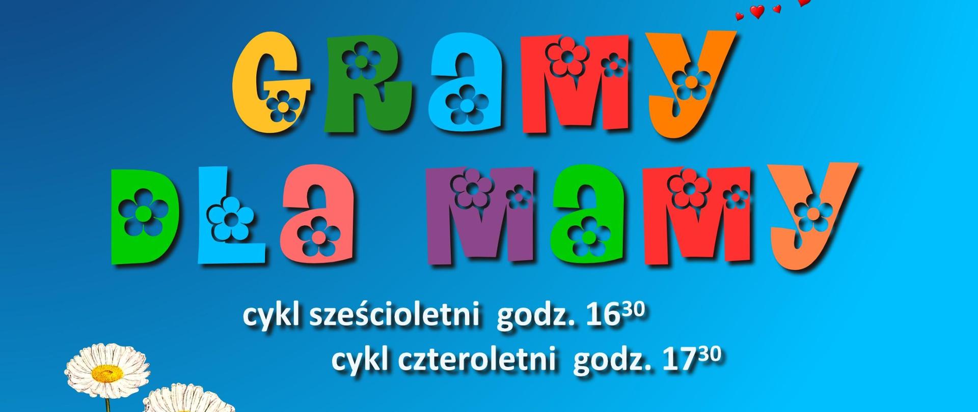 plakat koncertu klas pierwszych "Gramy dla mamy" z motywem serca i stokrotek