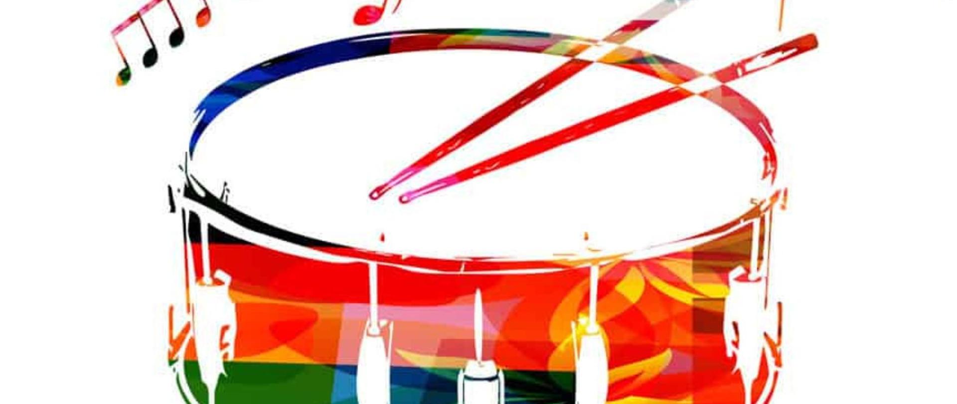 Plakat w pionie, w centrum plakatu rysunek kolorowego werbla z pałkami, nad instrumentem kolorowe nuty i ptaki. Pod rysunkiem literami w kolorze ciemnego pomarańczu i żółtego nazwa wydarzenia , data i godzina czyli audycja uczniów klasy perkusji p. Michała Basiakowskiego, 19 stycznia godzina 17.30. U góry plakatu od lewej strony logo funduszy Europejskich prostokąt niebieski z białą, żółtą i czerwoną gwiazdą; logo szkoły czarna główka wiolonczeli ze skrótem nazwy szkoły PSM; flaga Unii Europejskiej niebieski prostokąt , pośrodku okrąg ze złotych gwiazd.