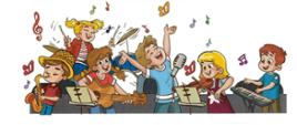Kolorowa, rysunkowa ilustracja przedstawiająca uśmiechnięte dzieci grające na instrumentach: saksofonie, gitarze, skrzypcach, bębenku i keyboardzie, otoczone unoszącymi się w powietrzu nutami.