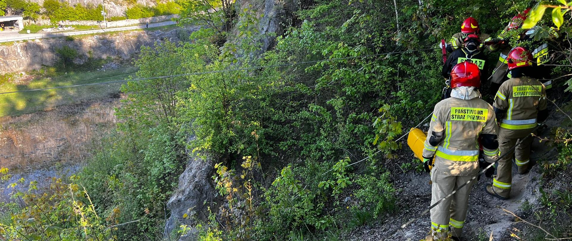 Zdjęcie przedstawia Rezerwat Przyrody Kadzielnia. Na półce skalnej, gdzie jest stacja kolejki tyrolskiej stoi sześciu strażaków. Widać naprężoną linę kolejki tyrolskiej.