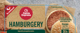 Opakowanie na którym jest widoczny Hamburger wieprzowo-drobiowy, Dania Express, waga250 g