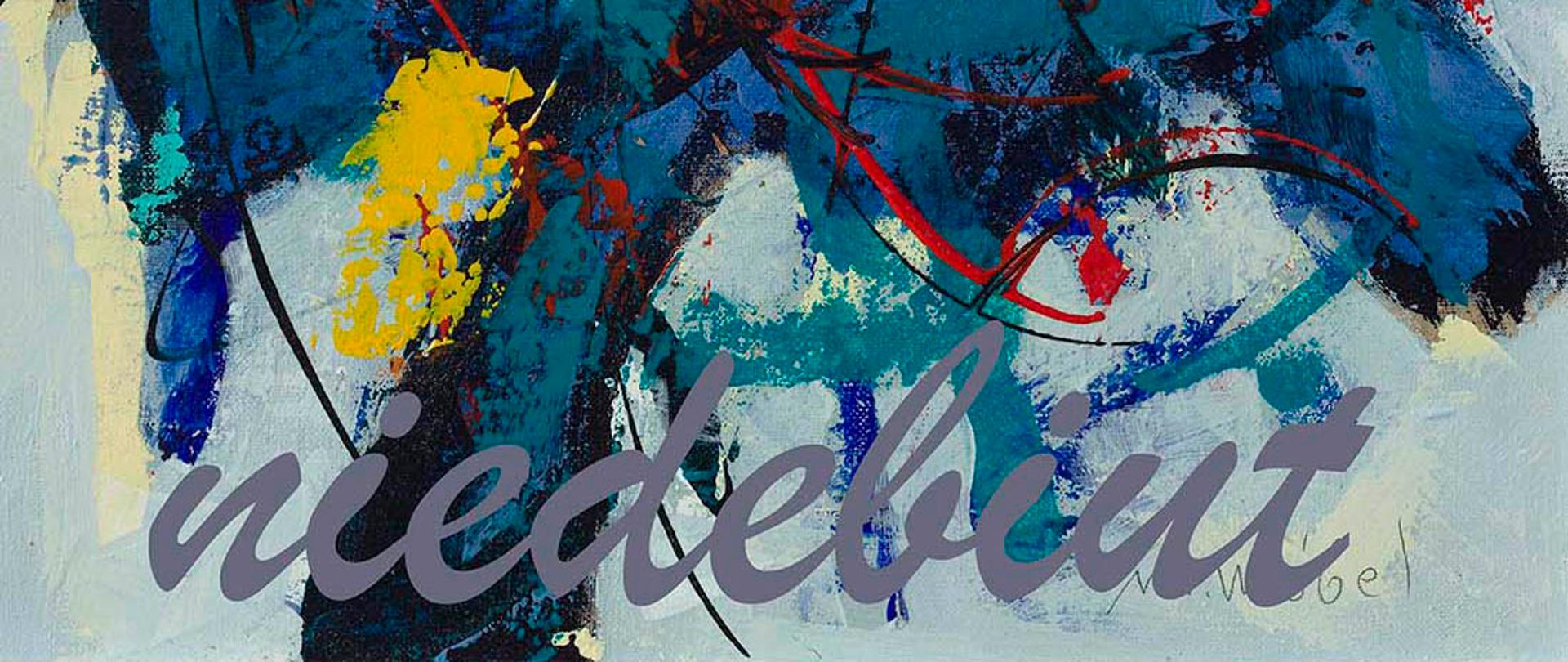 Abstrakcyjny obraz z barwnymi plamami w tonacji szarości, granatów, turkusów i czerni. Żółte i czerwone akcenty. Na dole szary napis niedebiut. 