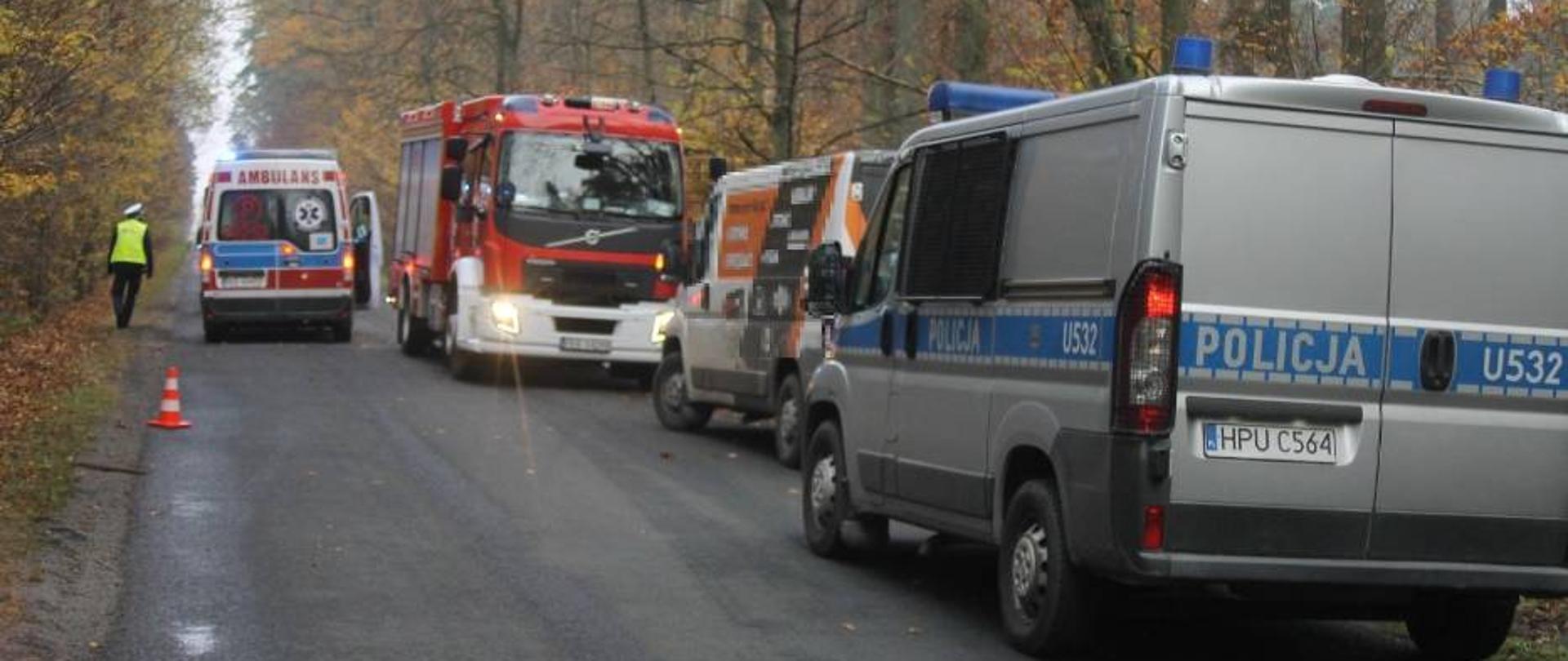 Na lewym pasie stoi karetka pogotowia. Obok na przeciwnym pasie drogi znajduje się samochód pożarniczy, prywatny bus oraz samochód policyjny. Droga całkowicie zablokowana. Policjant w kamizelce porusza sie poboczem drogi w kierunku karetki. 