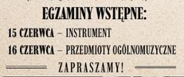 Na plakacie u góry od lewej logotyp PSM I i II stopnia w Żaganiu, po prawej budynek główny szkoły przy ul. Żelaznej 1 w Żaganiu, poniżej informacje dotyczące naboru do PSM II stopnia w Żaganiu, na dole zdjęcie orkiestry i dyrygenta, po prawej grafika wiolonczeli.
