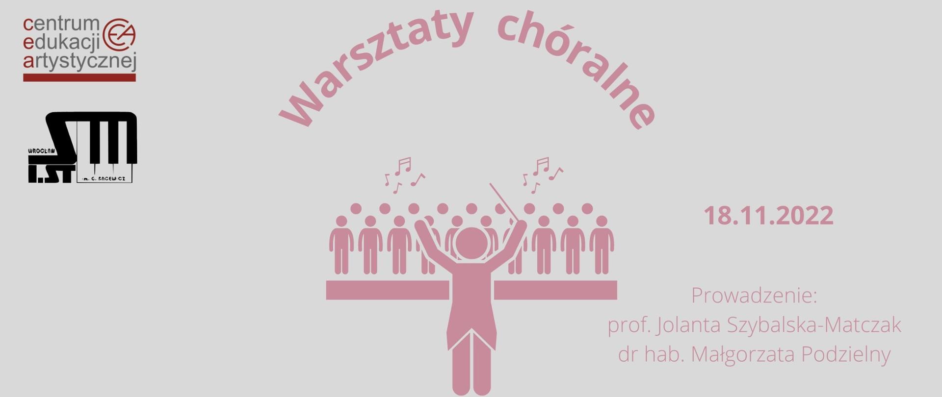 Plansza na szarym tle, w lewym górnym rogu logo Centrum Edukacji Artystycznej i Szkoły Muzycznej I st. im. G. Bacewicz we Wrocławiu. Na środku planszy grafika dyrygenta z chórem, nad grafiką treść "warsztaty chóralne", po prawej stronie planszy tekst "18.11.2022 prowadzenie: prof. Jolanta Szybalska-Matczak, dr hab. Małgorzata Podzielny"