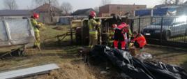Na zdjęciu widać ratowników medycznych ubranych w pomarańczowe kombinezony oraz strażaków w piaskowych ubrania specjalnych. Osoby te znajdują się w pobliżu ogrodzenia siatkowego obraz bramy wjazdowej na posesję. W rękach trzymają sprzęt medyczny i pochylają się nad osobą poszkodowaną, którą zasłania czarna folia. Za bramą widoczny jest samochód osobowy. Po lewej stronie widoczna jest konstrukcja folii ogrodniczej.
