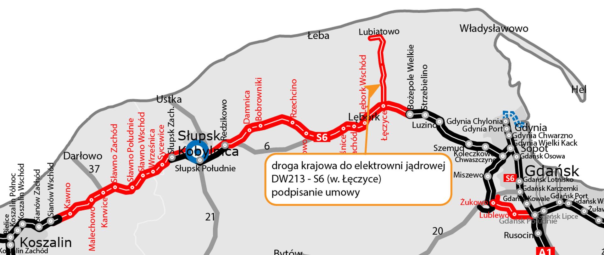 mapa a na niej zaznaczony na czerwono odcinek budowanej drogi do elektrowni jądrowej