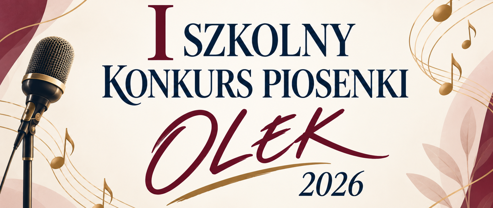 Slajd z napisem I Szkolny Konkurs Piosenki OLEK 2026, w eleganckiej, kremowo-bordowo-złotej kolorystyce, z grafiką mikrofonu po lewej stronie i motywami nutowymi. 