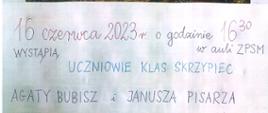 Plakat z wydarzeniem - koncertem uczniów klasy skrzypiec p. Agaty Bubisz i p. Janusza Pisarza, który odbędzie się w dniu 16 czerwca 2023r. o godz. 16:30 w auli ZPSM w Dębicy; tłem plakatu jest obraz kobiety grającej na skrzypcach, napisy informujące o wydarzeniu znajdują się w dolnej części plakatu 
