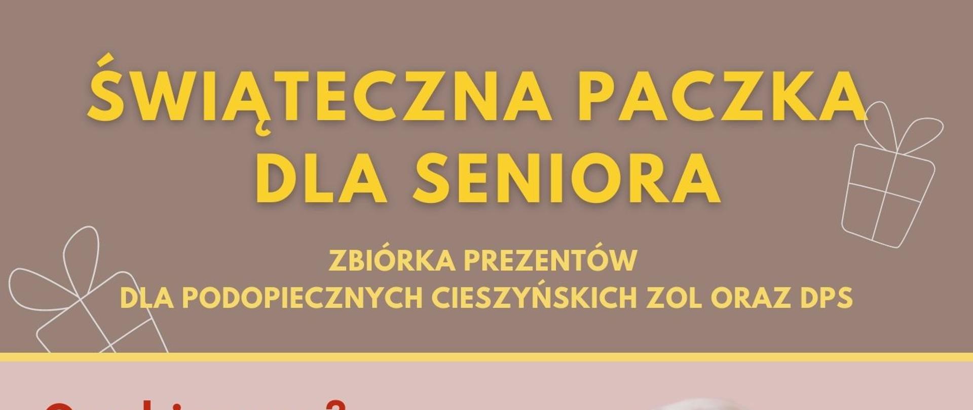 Plakat akcji - "Warto pomagać" przedstawia zdjęcie seniora z paczką w rękach , informacje dotyczące akcji logotypy Burmistrza Miasta Cieszyna Starostwa Powiatowego oraz Fundacji św. Elżbiety Węgierskiej