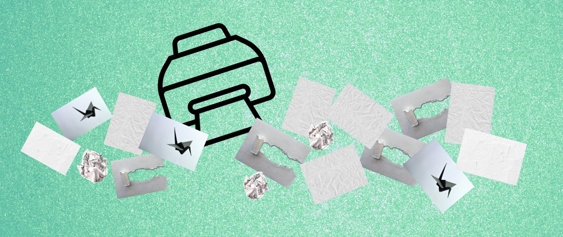 grafika przedstawiająca ikonę drukarki obrysowaną czarnym konturem oraz rozsypane w nieładzie kartki papieru, niektóre z nich są wymięte, podarte bądź zawierają rysunek grafitowego żurawia origami, całość usytuowana jest na zielonym, obsypanym brokatem tle