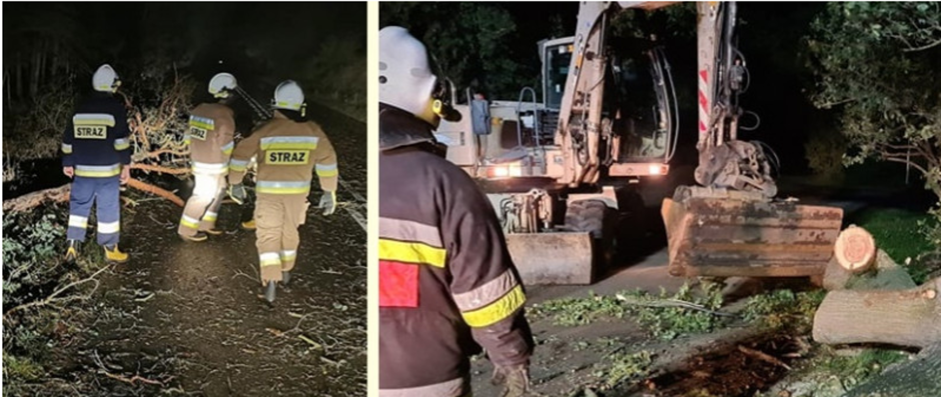 Strażacy usuwają drzewa, które tarasują drogi.